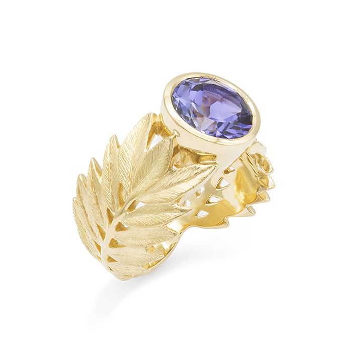 bague feuilles palmier or jaune tanzanite