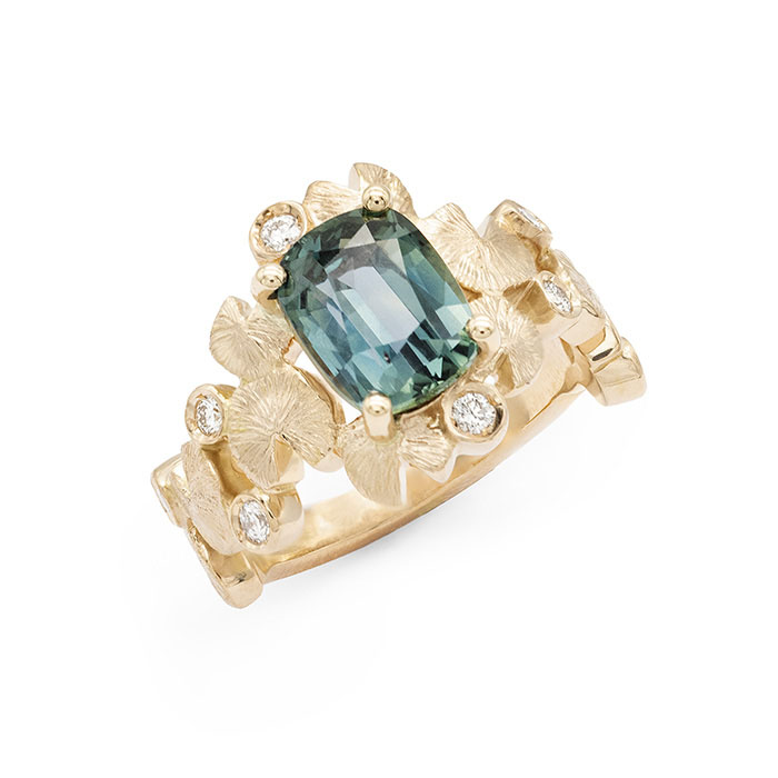 Bague bouquet fleurs de Nymphéa saphir teal personnalisée