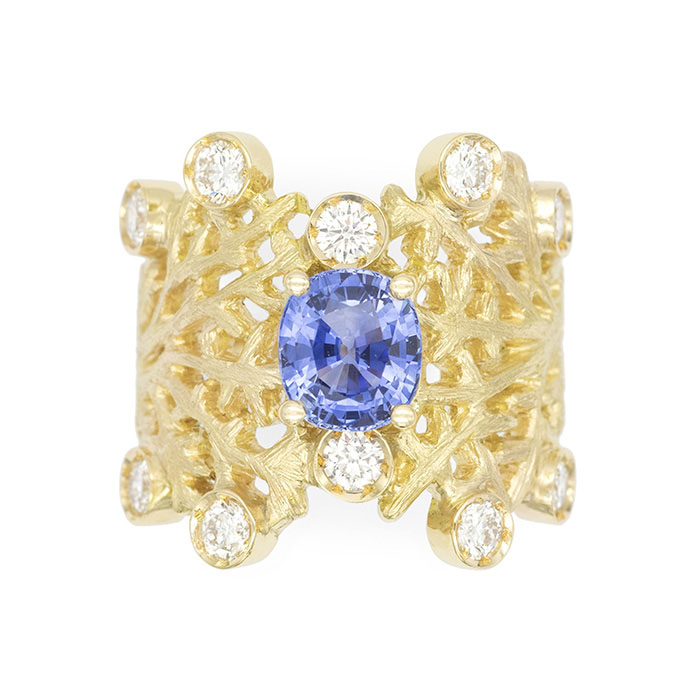 Bague inspiration corail recif corallien personnalisée or jaune saphir bleu mer et gros diamants