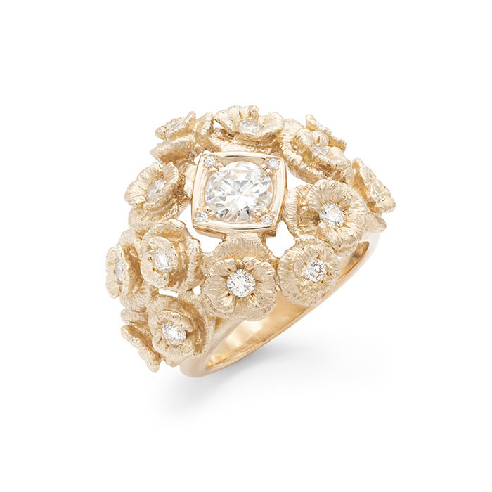 Bague volume boule bouquet de fleurs coquelicots or rose diamants