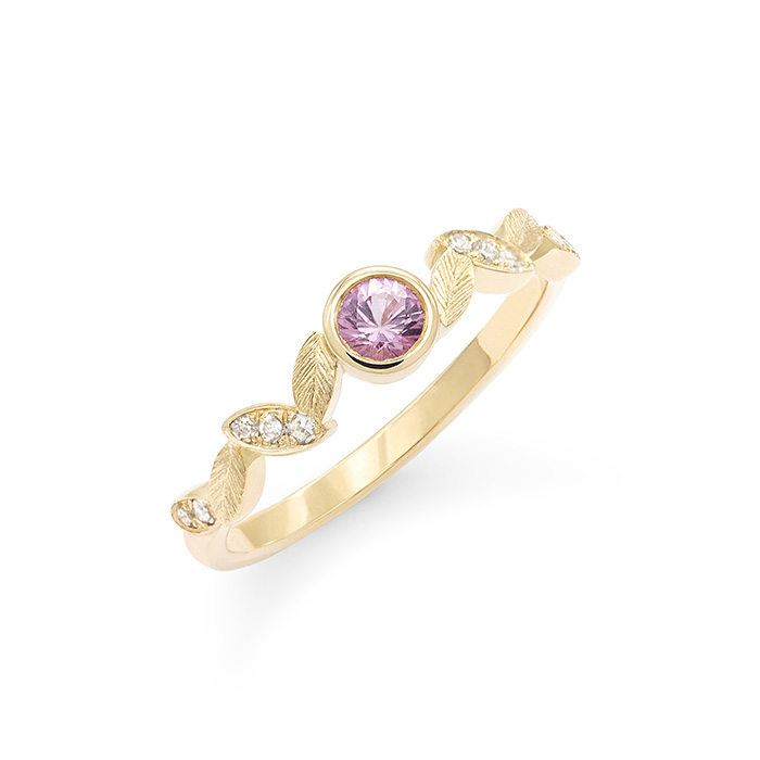 solitaire feuille d'olivier or rose saphir rose semi pavé de diamants