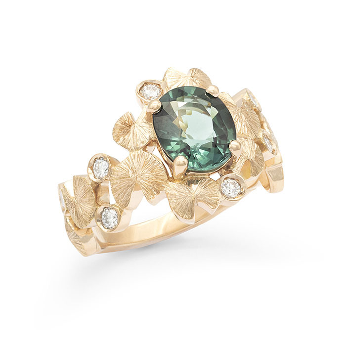 bague bouquet de nymphéas nénuphars or rose et tourmaline indigolite